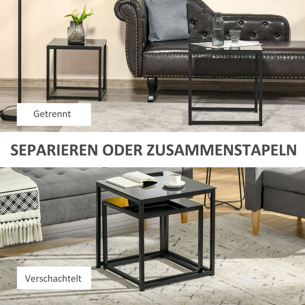 Side table set of 2, coffee table set, coffee table with glass table top, square sofa table, nesting table, steel, black