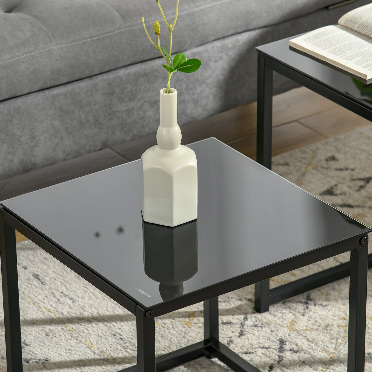 Side table set of 2, coffee table set, coffee table with glass table top, square sofa table, nesting table, steel, black