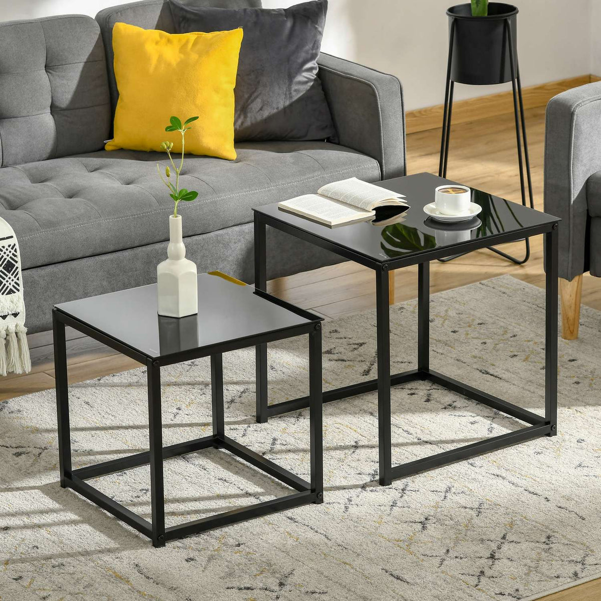 Side table set of 2, coffee table set, coffee table with glass table top, square sofa table, nesting table, steel, black