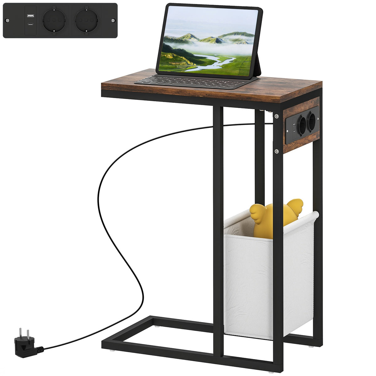 Side table with sockets, USB ports, cables, C-shaped design