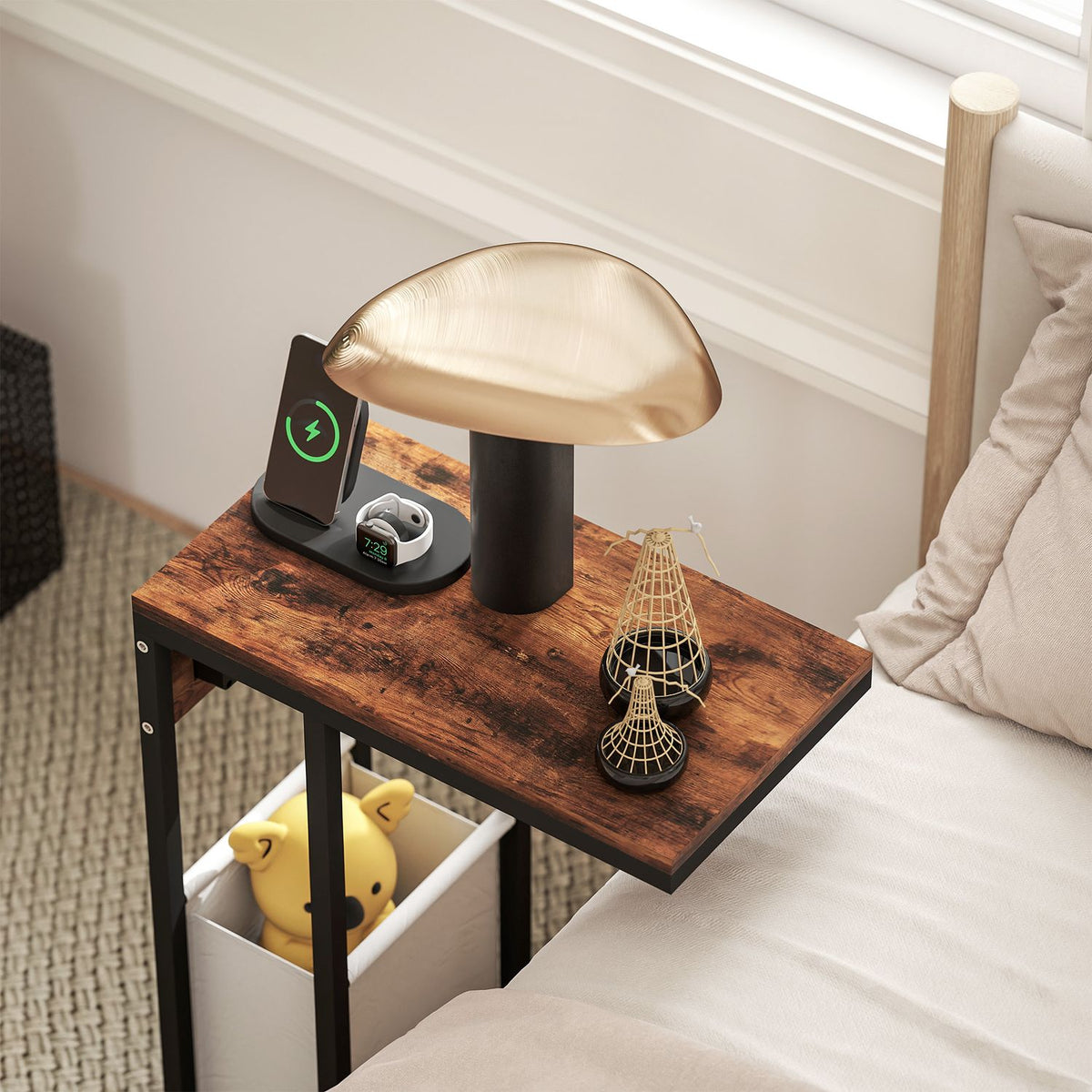 Side table with sockets, USB ports, cables, C-shaped design