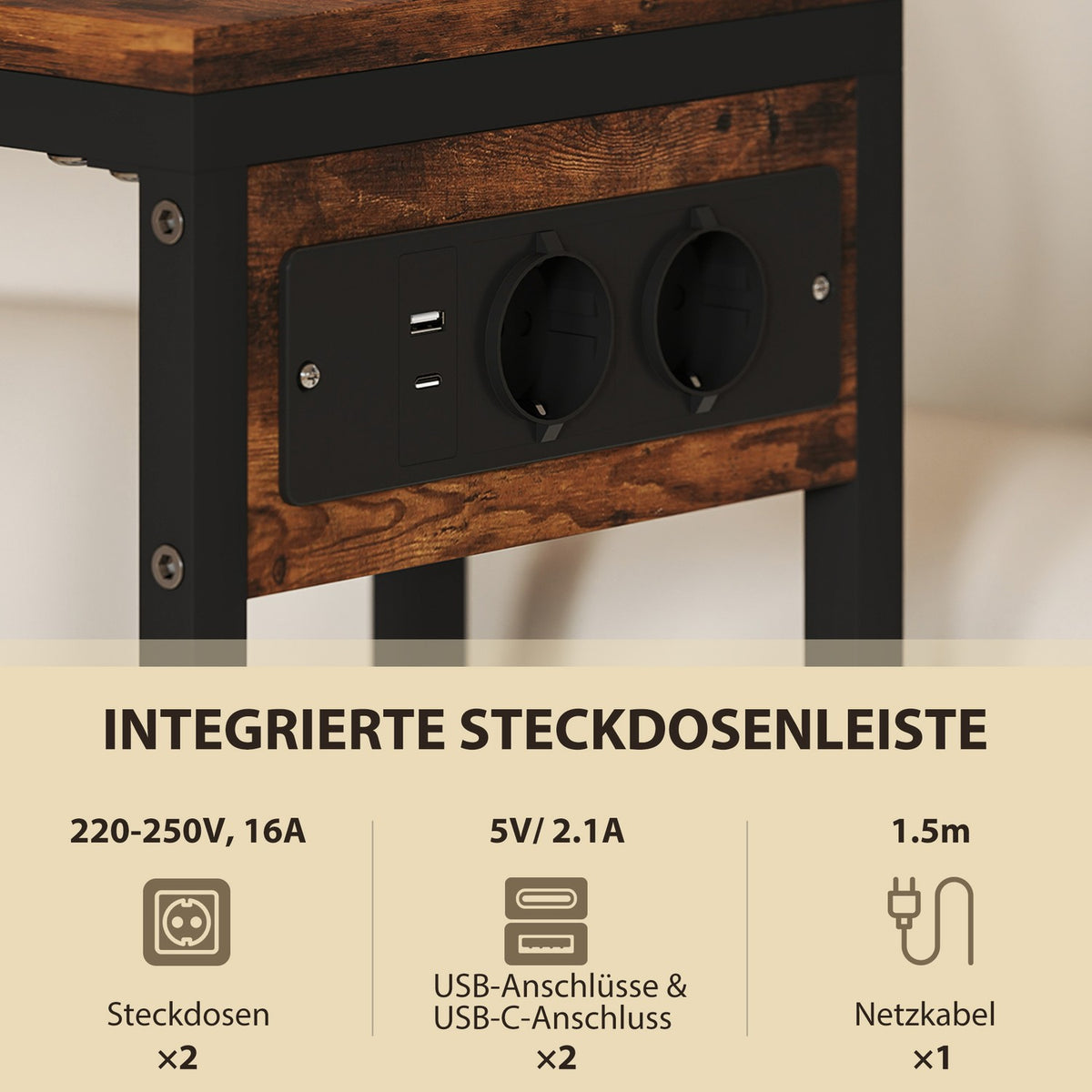 Side table with sockets, USB ports, cables, C-shaped design
