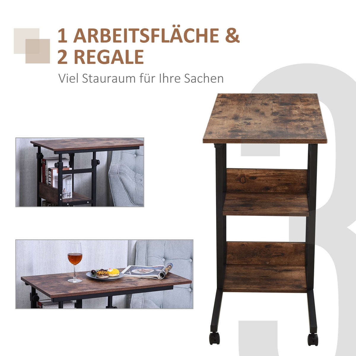 Side table with wheels Height-adjustable coffee table, 2 shelves, metal, black, 80x40x72-82 cm