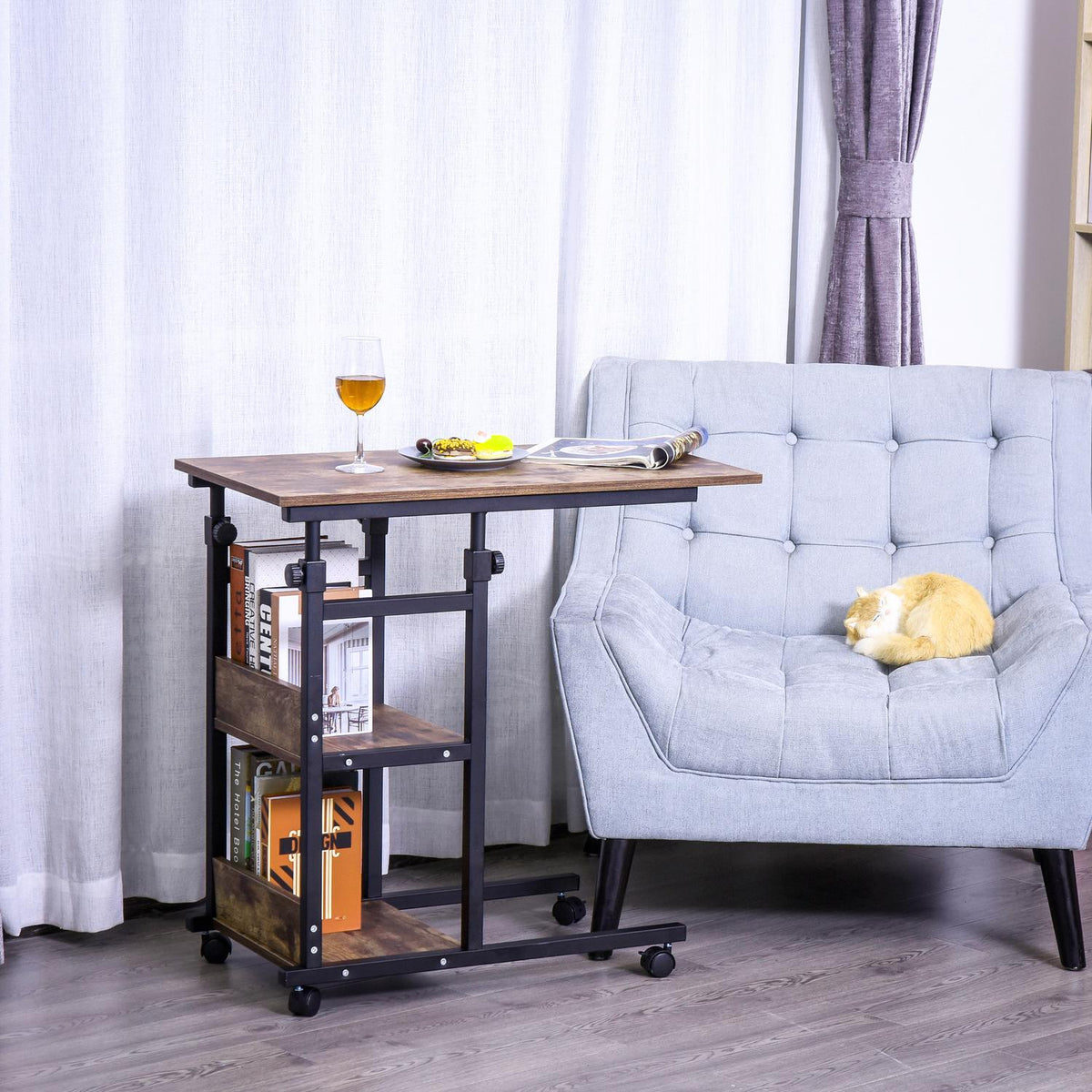 Side table with wheels Height-adjustable coffee table, 2 shelves, metal, black, 80x40x72-82 cm