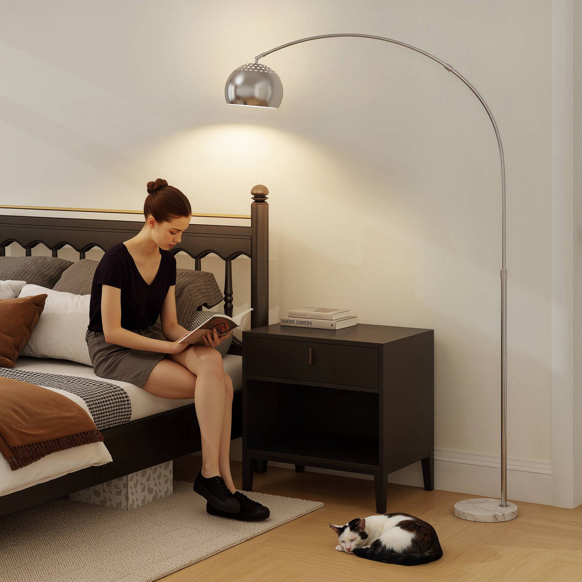 Silver Arc Floor Lamp with Marble Base, Adjustable Head