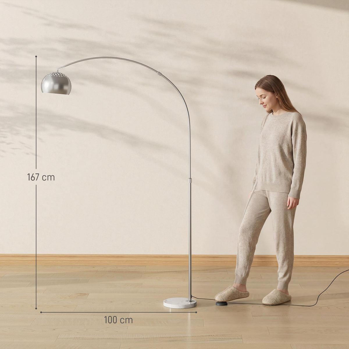 Silver Arc Floor Lamp with Marble Base, Adjustable Head