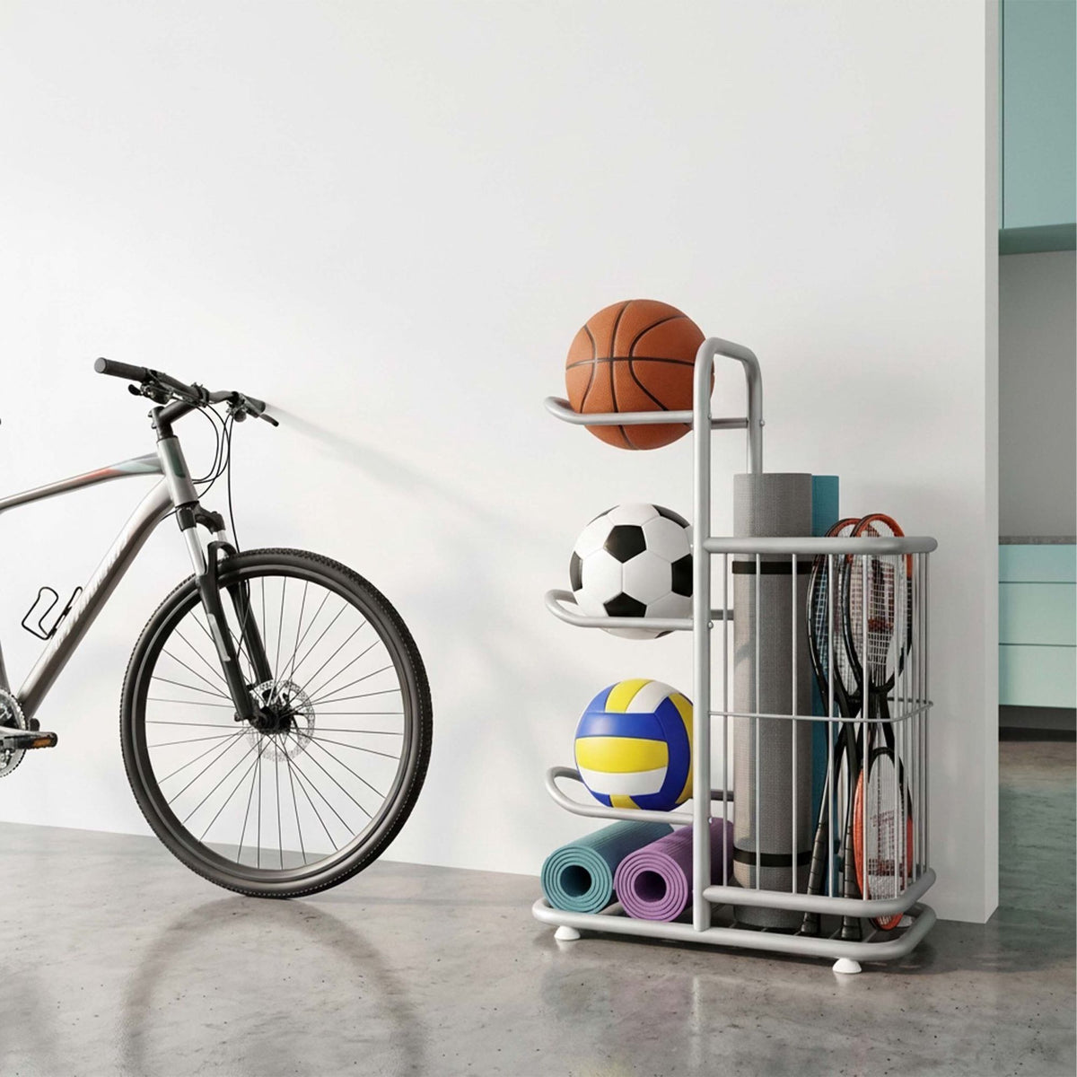 Silver Metal Ball Rack with 4 Shelves and Basket