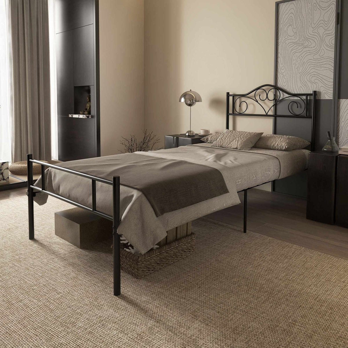 Single Bed Frame, Black Steel, 90x200 cm, Storage Space