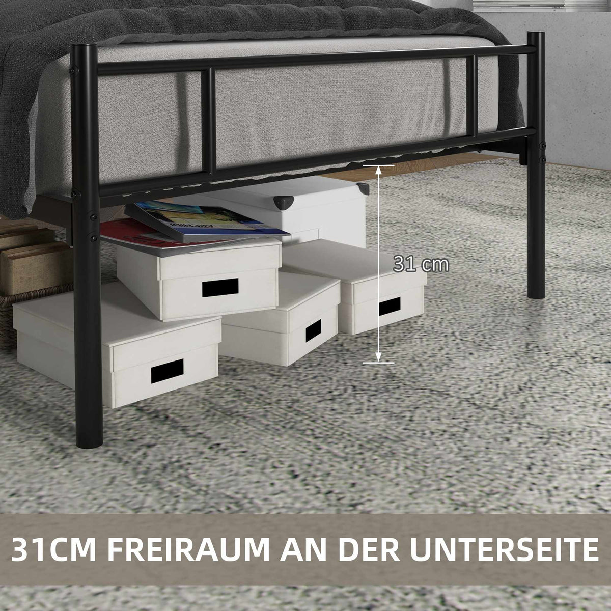 Single Bed Frame, Black Steel, 90x200 cm, Storage Space