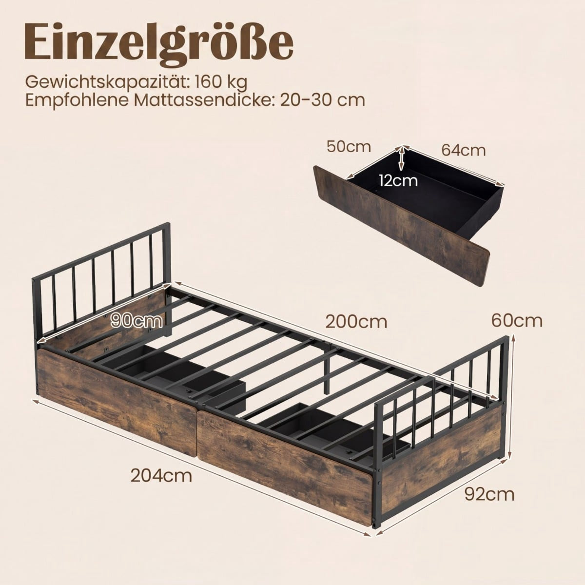 Single Bed Frame with 2 Drawers, Headboard, Footboard