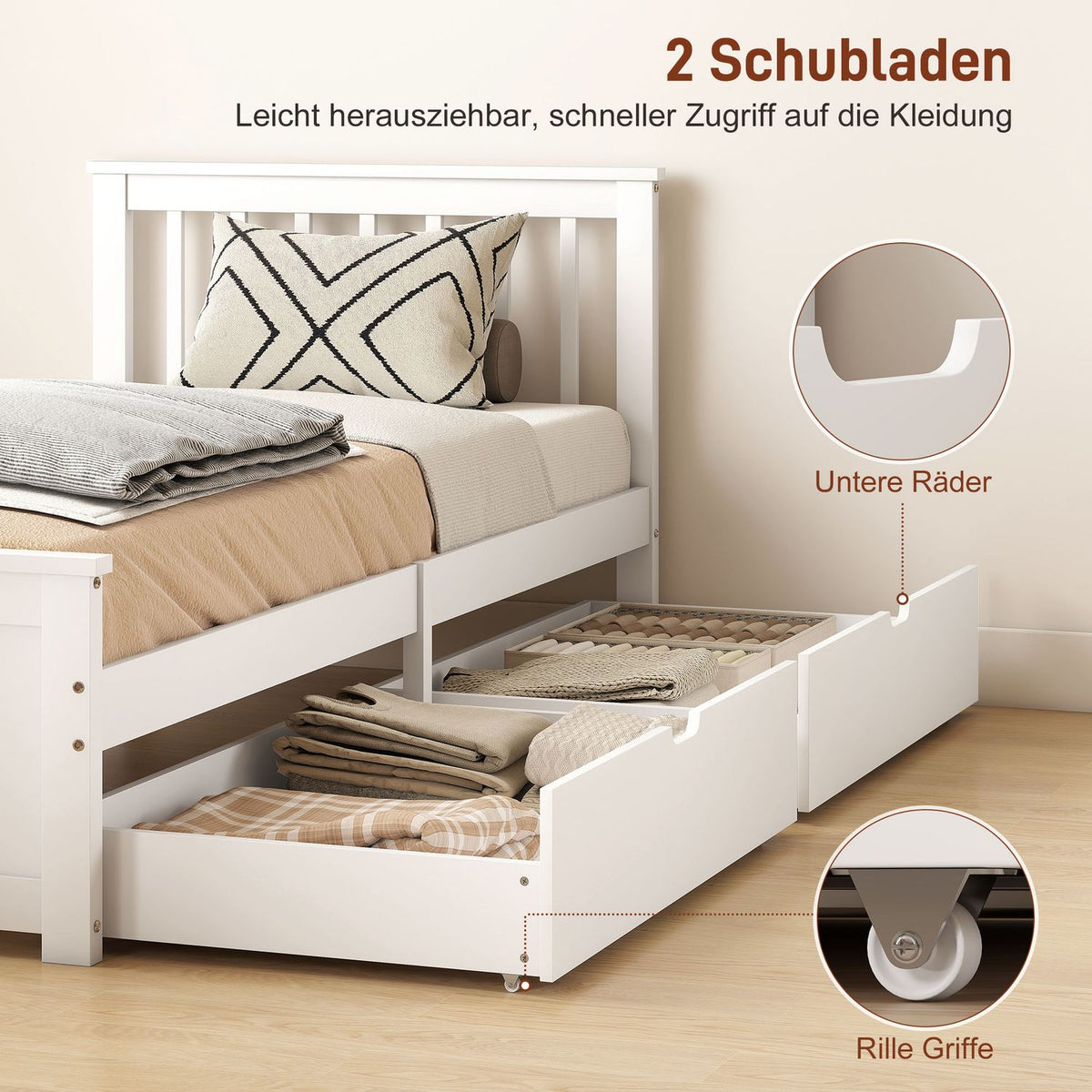 Single Bed Frame with Drawers, Wood, 90x200 cm, White