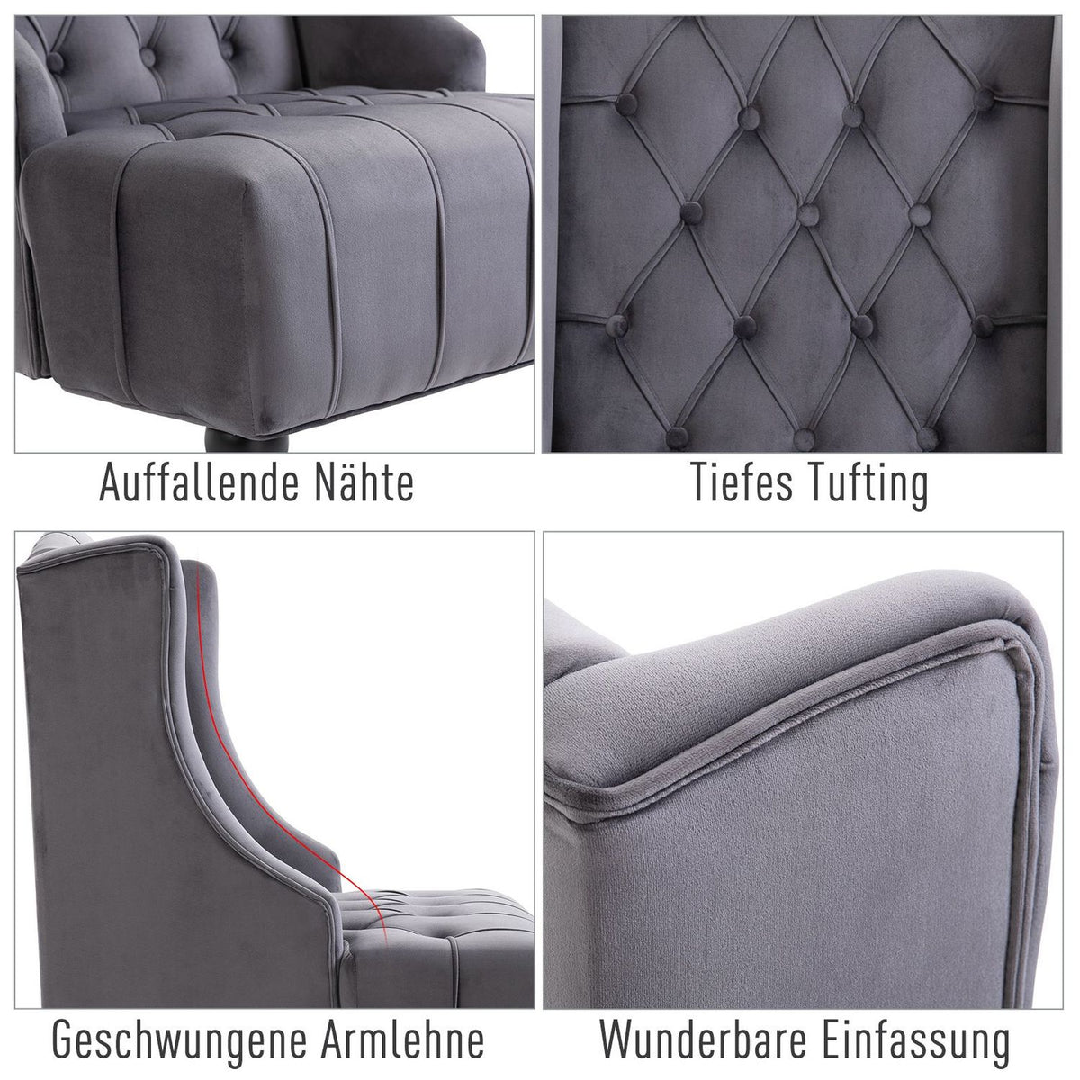 Single Chair Wing Chair Relaxation Chair With Tufted Raised Legs Velvet Fabric Gray 67 X 70.5 X 97 Cm