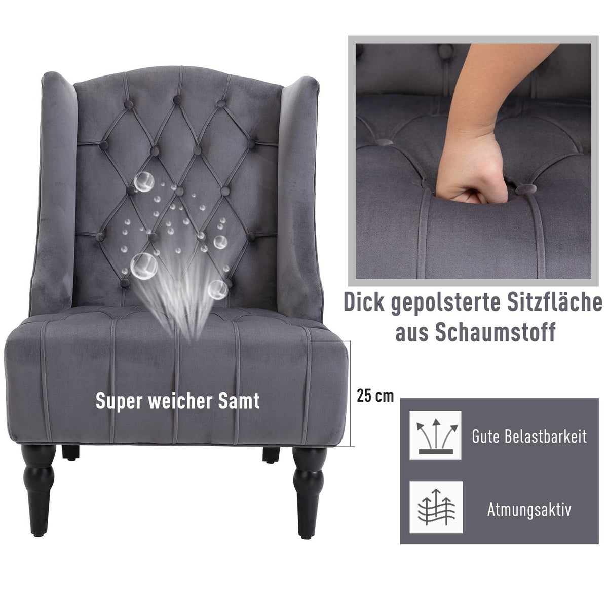 Single Chair Wing Chair Relaxation Chair With Tufted Raised Legs Velvet Fabric Gray 67 X 70.5 X 97 Cm