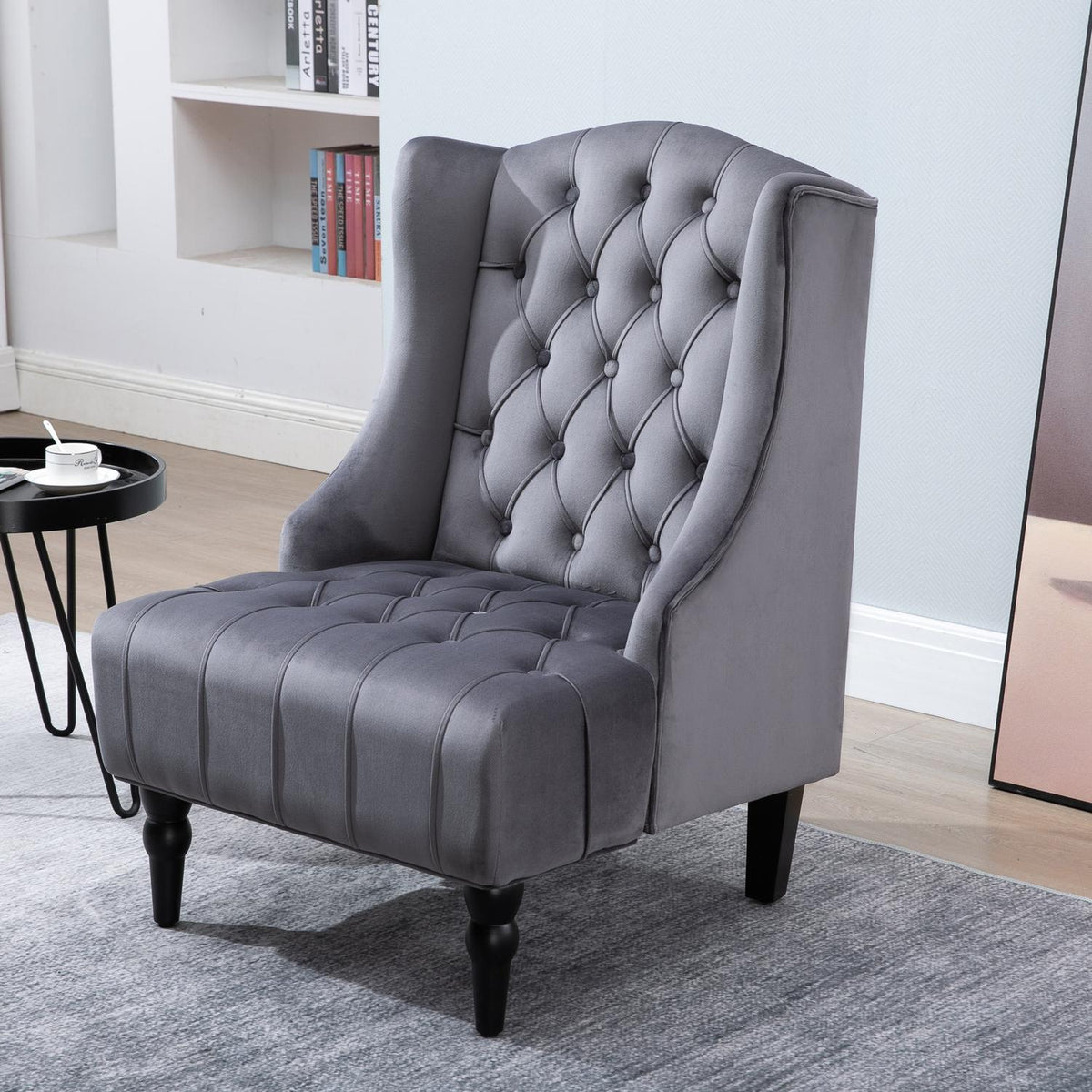 Single Chair Wing Chair Relaxation Chair With Tufted Raised Legs Velvet Fabric Gray 67 X 70.5 X 97 Cm