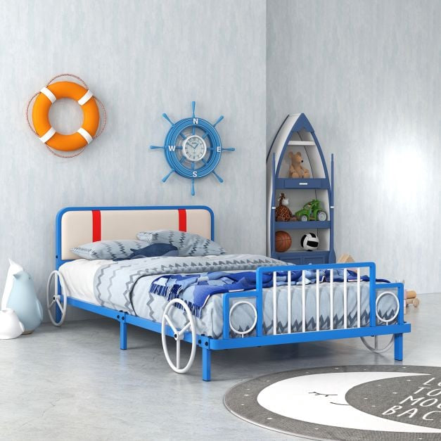 Single Kids Car Bed Frame With Upholstered Headboard