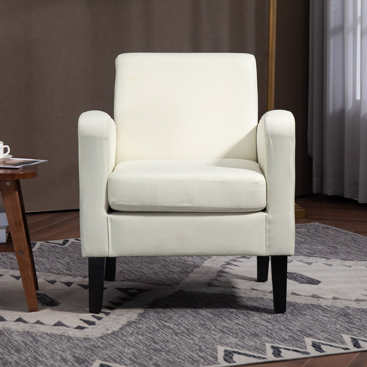 Single armchair with backrest, rounded armrests, padded lounge chair with linen look, wooden legs, for bedroom, living room, up to 150 kg, cream white