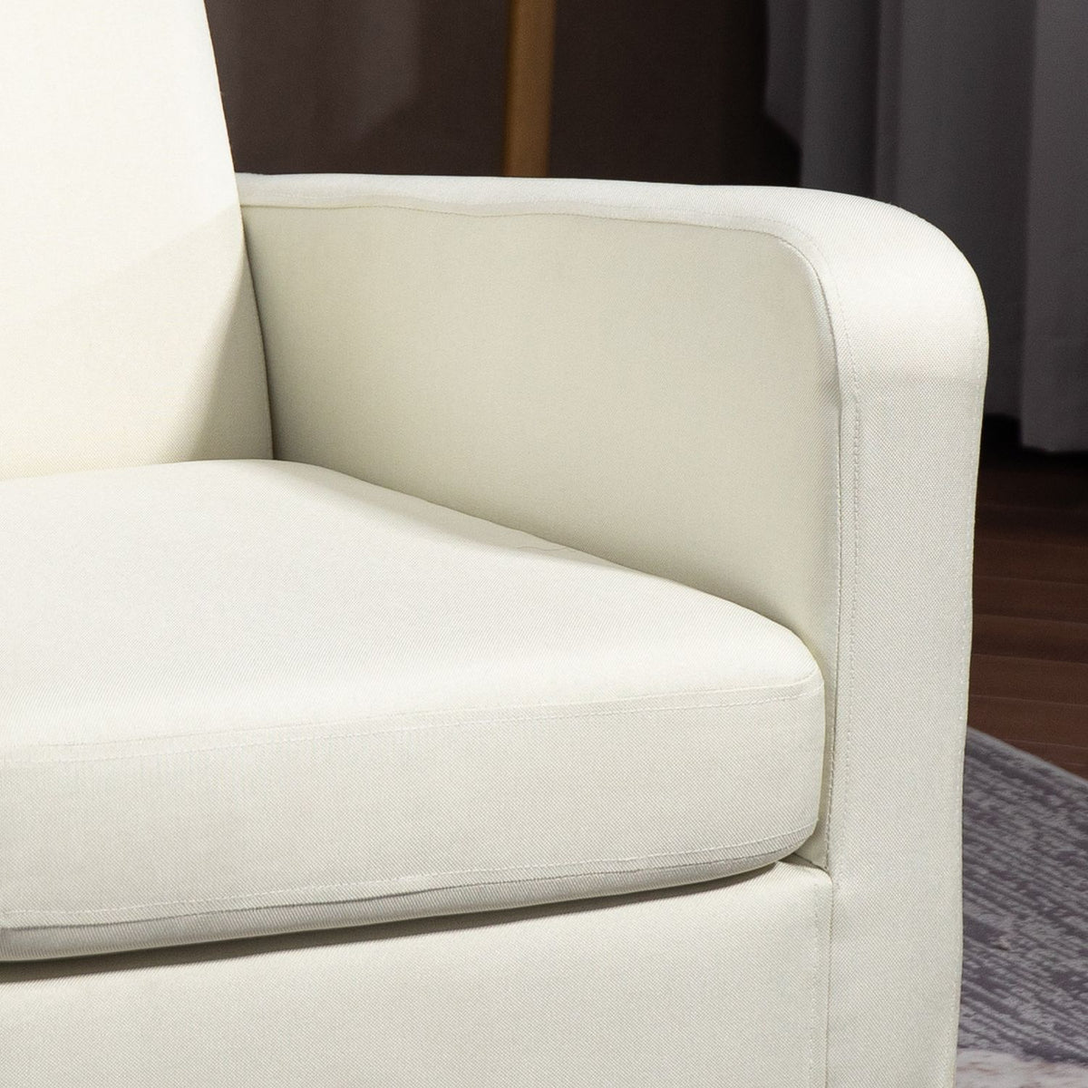 Single armchair with backrest, rounded armrests, padded lounge chair with linen look, wooden legs, for bedroom, living room, up to 150 kg, cream white