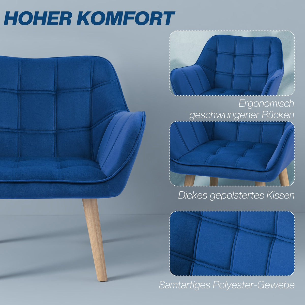 Single chair wing chair relaxation chair velvet with raised legs, Scandinavian design, blue, 67 x 61.5 x 71 cm