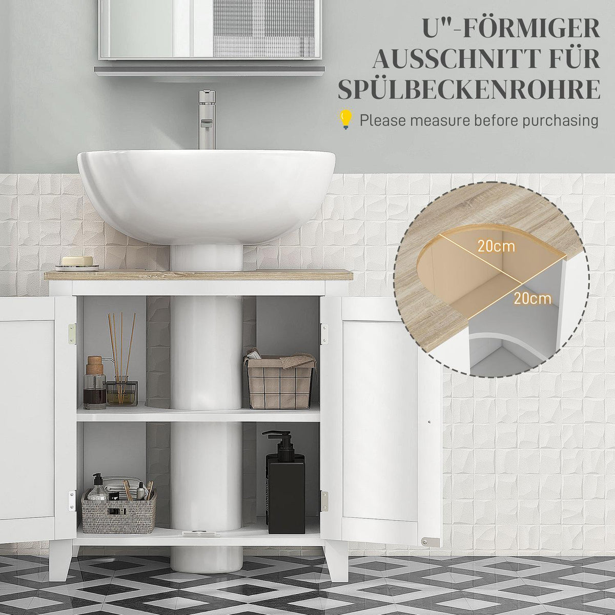 Sink base cabinet, bathroom cabinet, base cabinet with adjustable shelf, white + natural, 60 x 30 x 60 cm