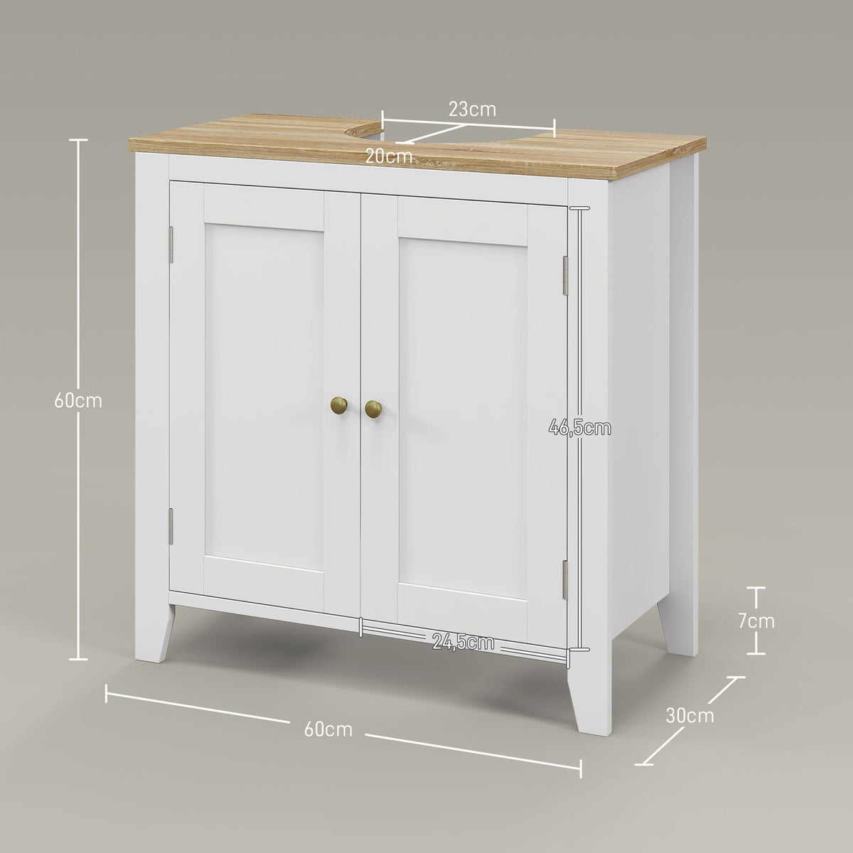Sink base cabinet, bathroom cabinet, base cabinet with adjustable shelf, white + natural, 60 x 30 x 60 cm