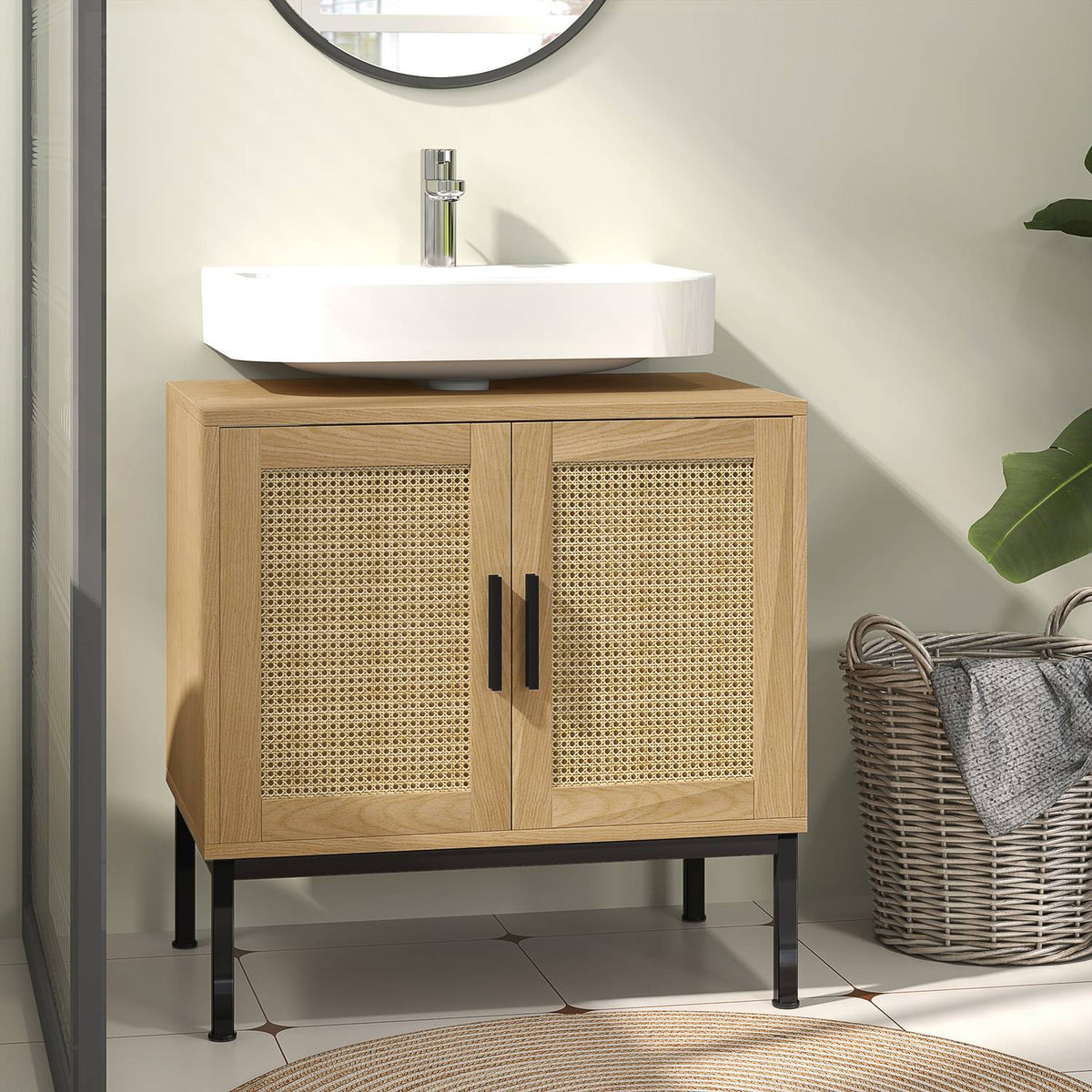 Sink base cabinet with cupboard compartment, vanity unit with rattan look, bathroom base cabinet with tilt protection, oak, 60 x 39 x 60 cm