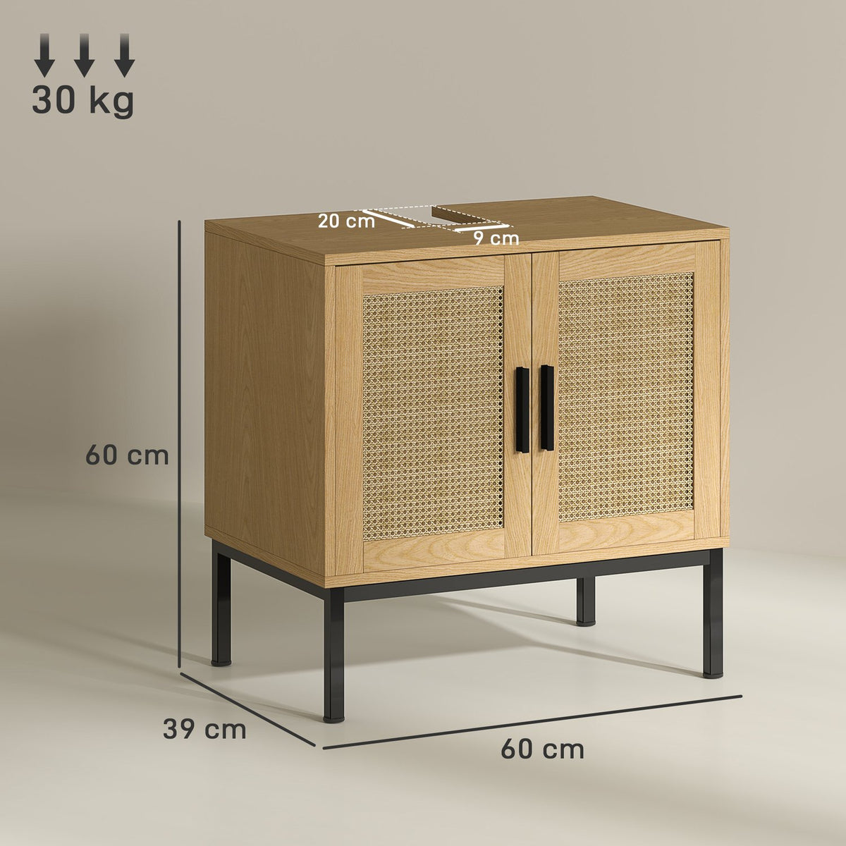 Sink base cabinet with cupboard compartment, vanity unit with rattan look, bathroom base cabinet with tilt protection, oak, 60 x 39 x 60 cm