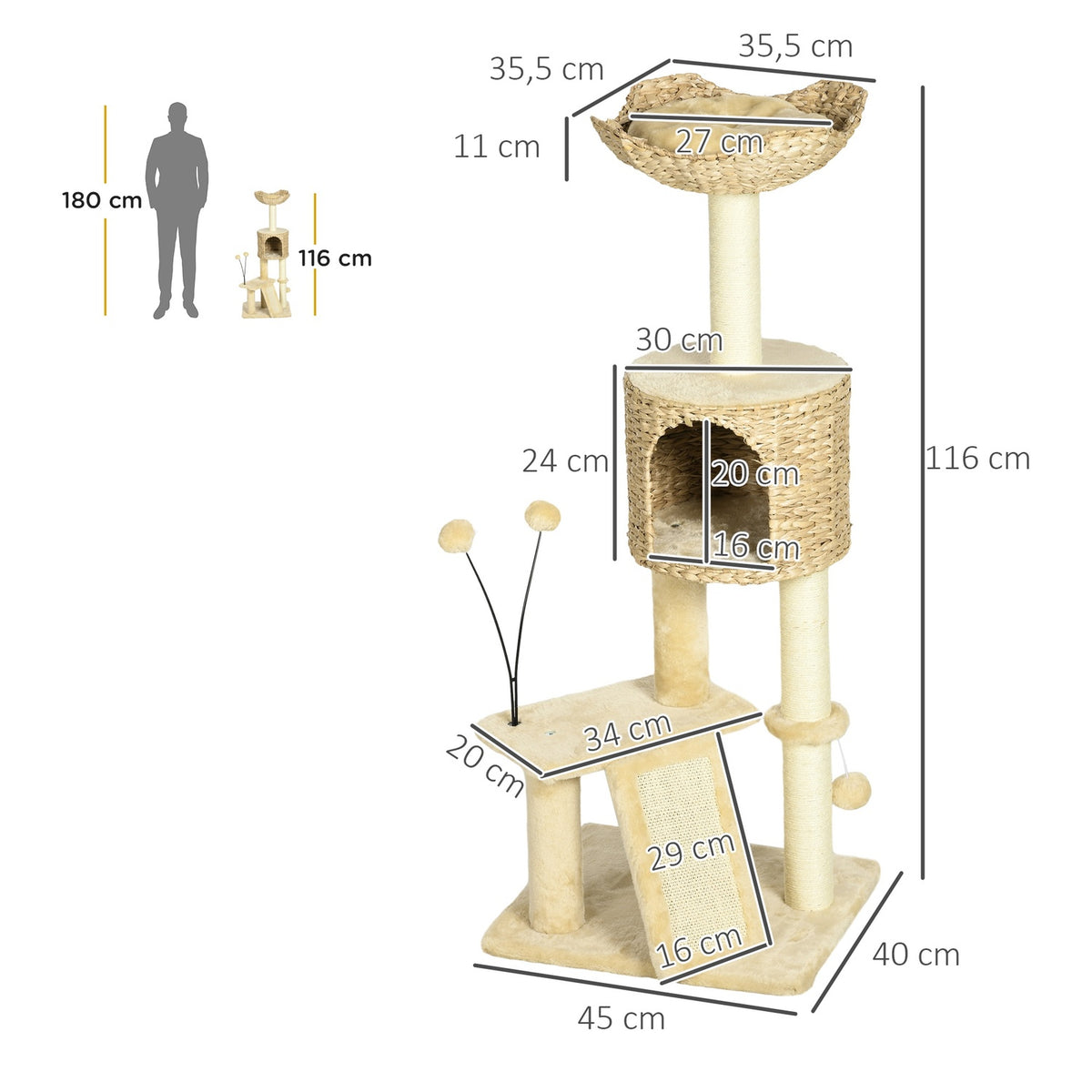 Sisal scratching post for large cats, 45x40x116cm load capacity 20 kg, with tip protection, cat cave, lying platform, play ball, plush, beige