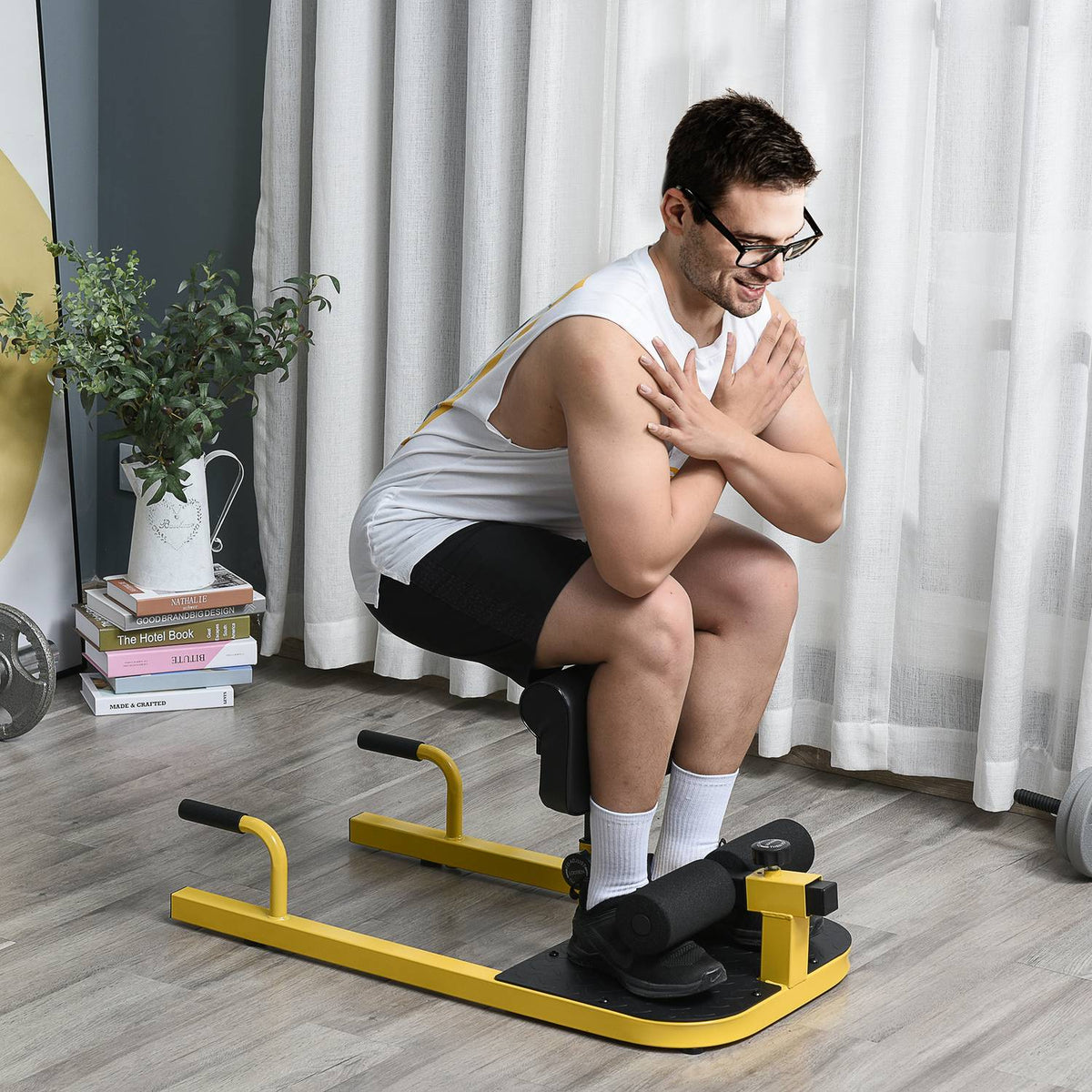 Sissy Squat Squat Trainer Leg Trainer Abdominal Buttocks Trainer 3 In 1 Trainer Adjustable Up To 120 Kg Steel Yellow + Black 50 X 97 X (44.5-56.5) Cm