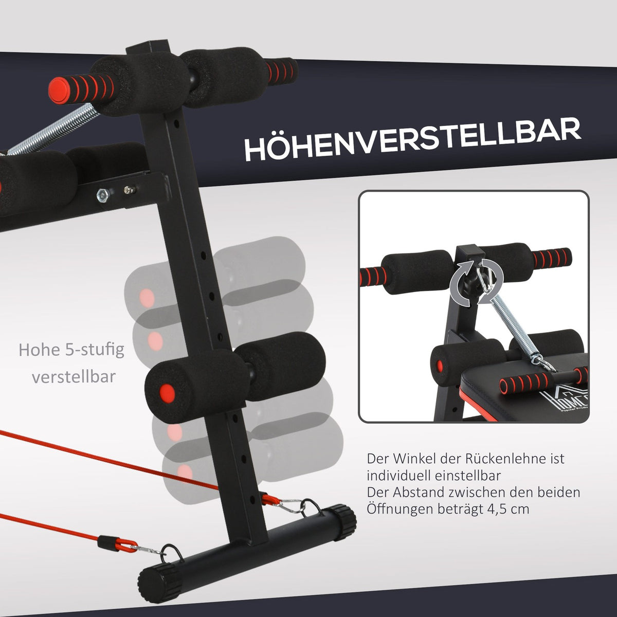 Sit Up Bench Abdominal Trainer with Training Ropes Training Bench Multifunction Adjustable & Foldable 110 kg Load Capacity Steel Black + Red