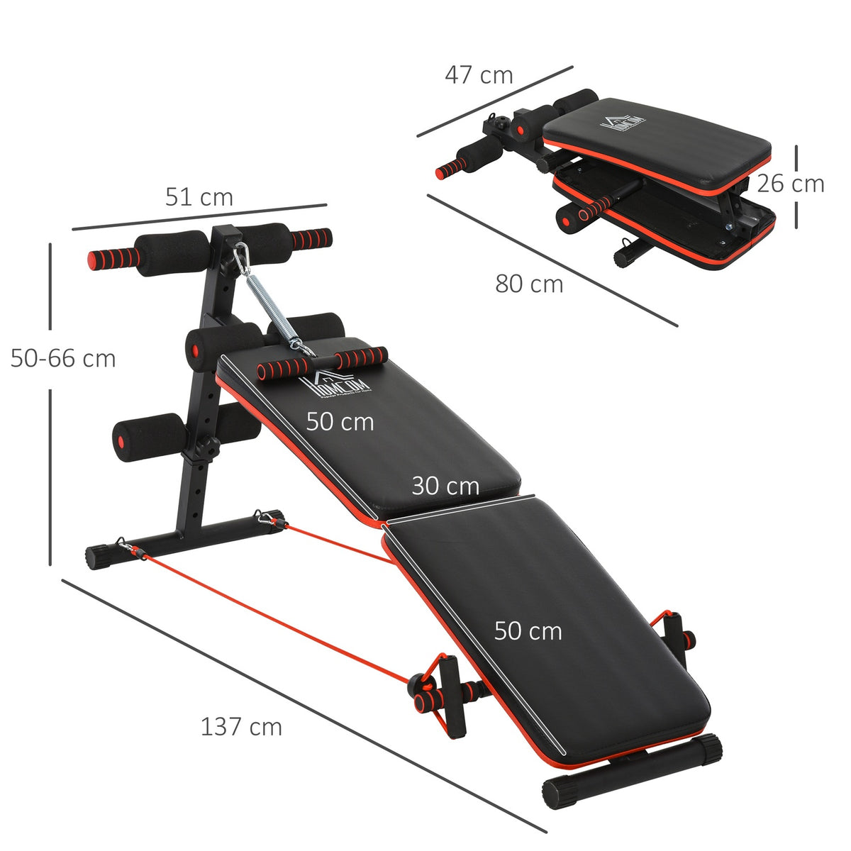 Sit Up Bench Abdominal Trainer with Training Ropes Training Bench Multifunction Adjustable & Foldable 110 kg Load Capacity Steel Black + Red
