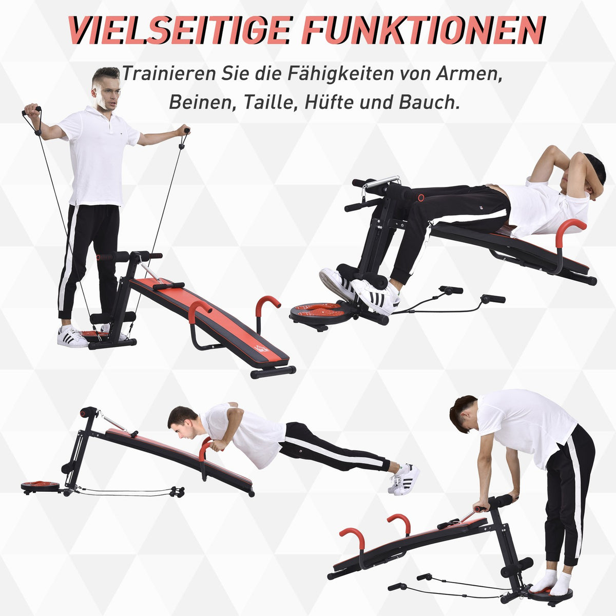 Sit Up Bench Adjustable Abdominal Trainer Training Bench, Padded, 120Kg Load Capacity, Red+Black, 166X53X52-60Cm