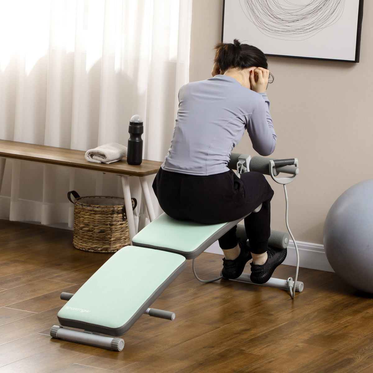 Sit Up Bench Foldable abdominal trainer, 5-way adjustable training bench, back trainer with leg fixation and resistance bands, green