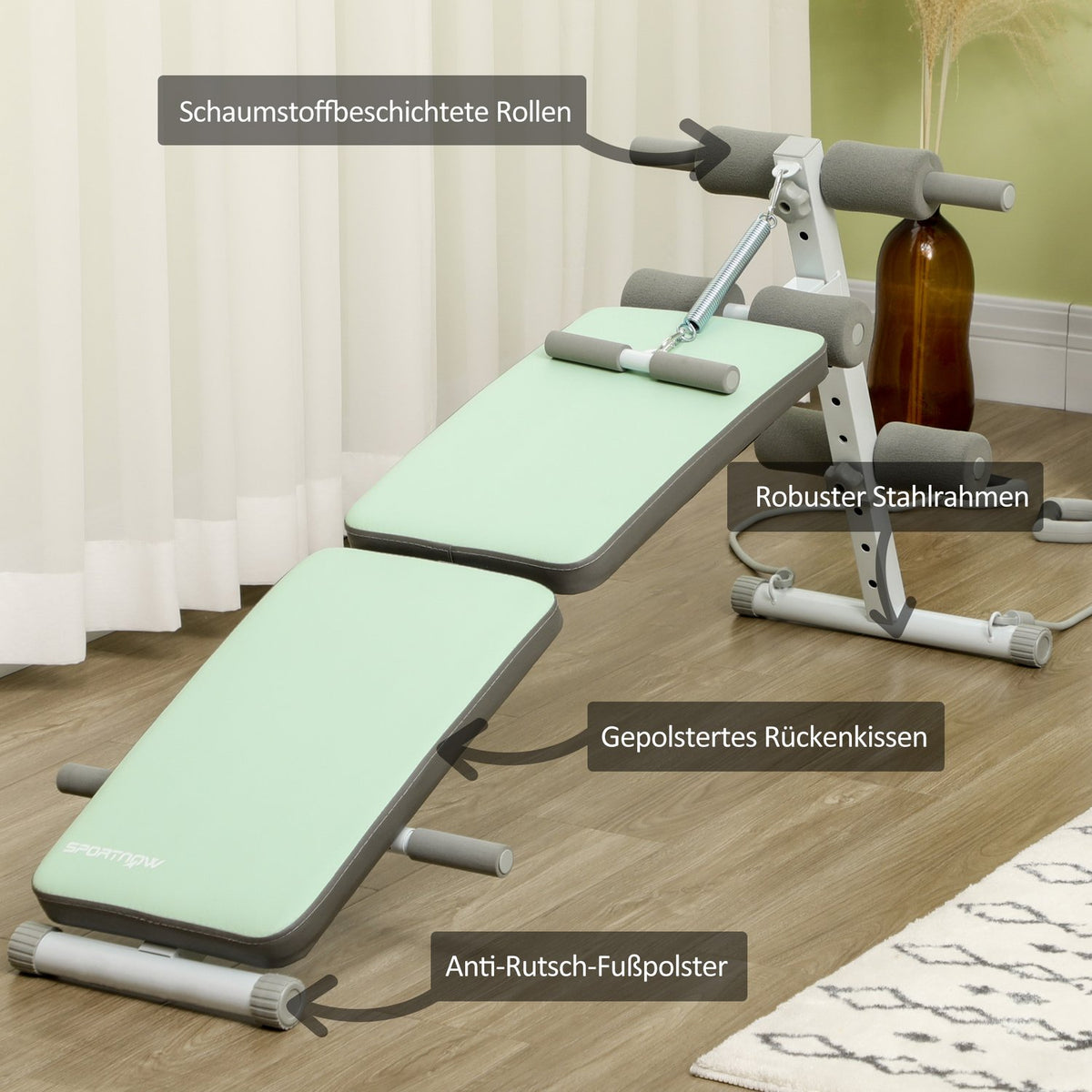 Sit Up Bench Foldable abdominal trainer, 5-way adjustable training bench, back trainer with leg fixation and resistance bands, green
