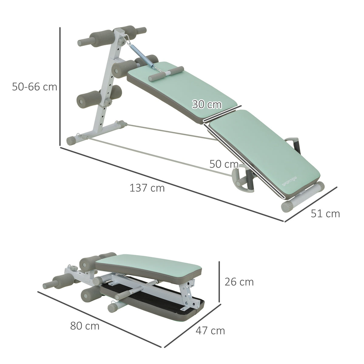 Sit Up Bench Foldable abdominal trainer, 5-way adjustable training bench, back trainer with leg fixation and resistance bands, green