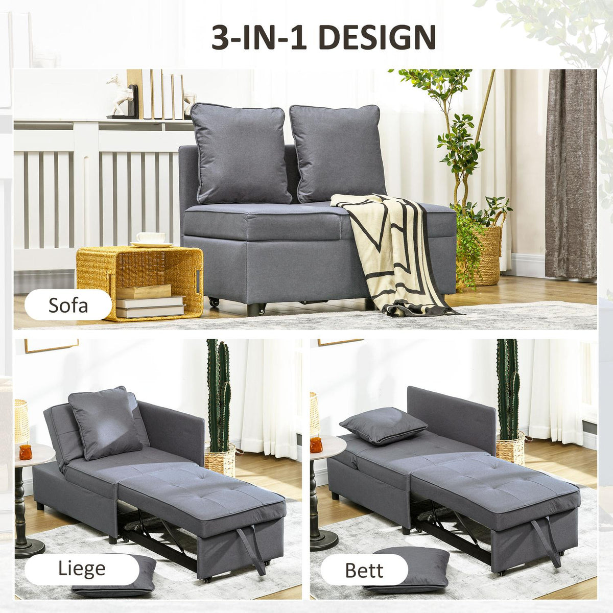 Sleeper chair, 2-seater armchair with bed function, foldable upholstered armchair with 2 cushions, linen-look cover, dark grey