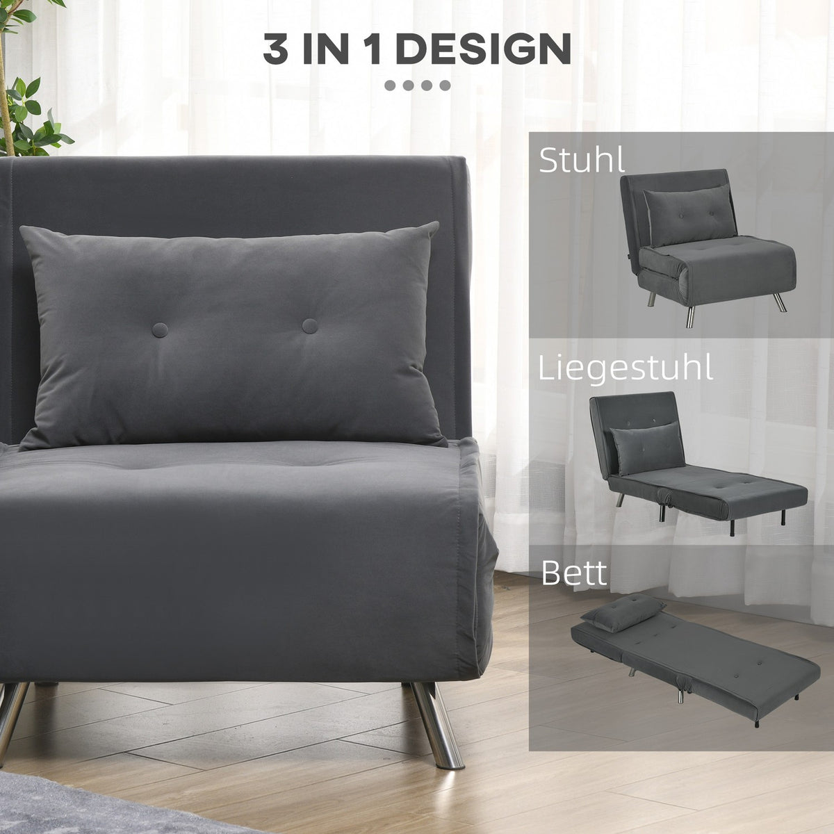 Sleeping Chair Folding Chair Bed Function Single Sofa Cushion Guest Bed Upholstered Sofa Velvet Dark Gray 77X88X83Cm
