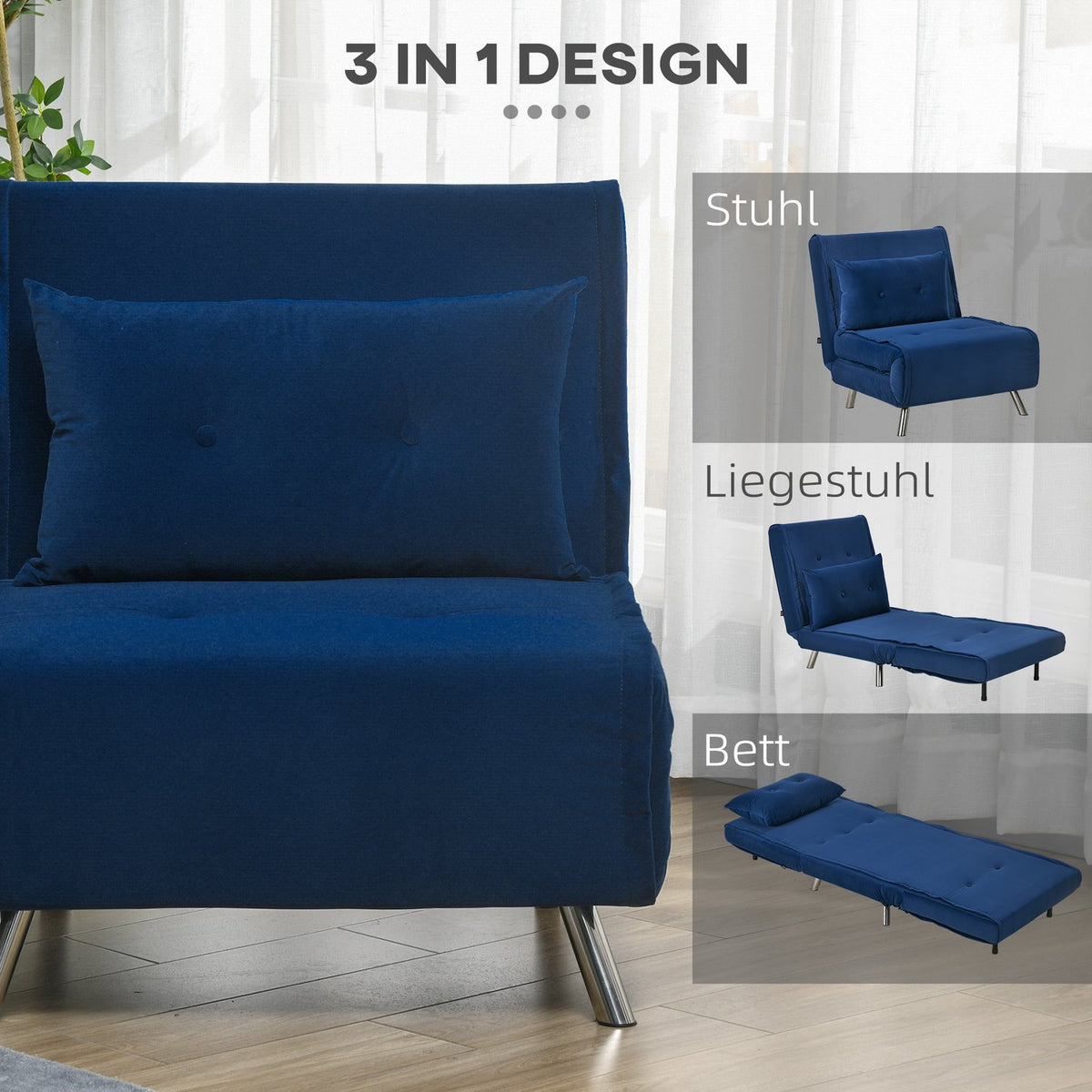 Sleeping Chair Folding Chair Bed Function Single Sofa Cushion Guest Bed Upholstered Sofa Velvet Living Room Bedroom Blue 77X88X83Cm