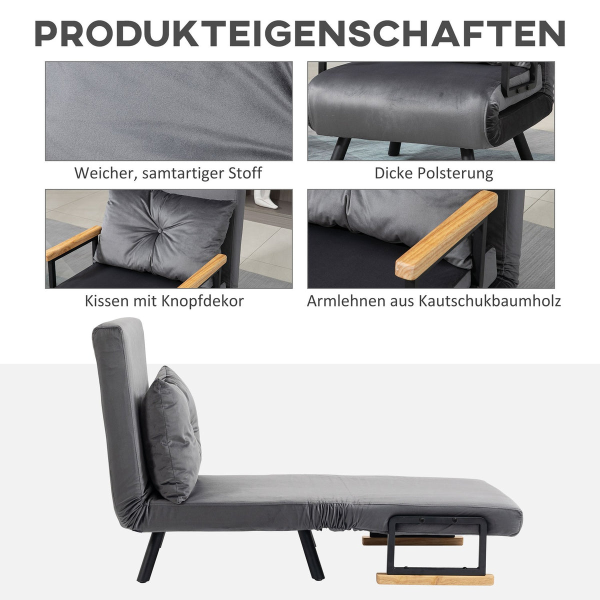 Sleeping Chair, Single Sofa With Bed Function, Relaxation Chair With Adjustable Backrest, Velvet Look, Dark Gray