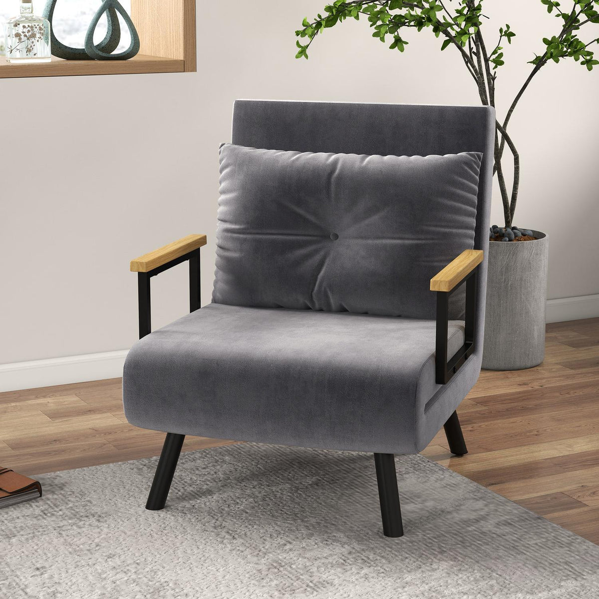 Sleeping Chair, Single Sofa With Bed Function, Relaxation Chair With Adjustable Backrest, Velvet Look, Dark Gray