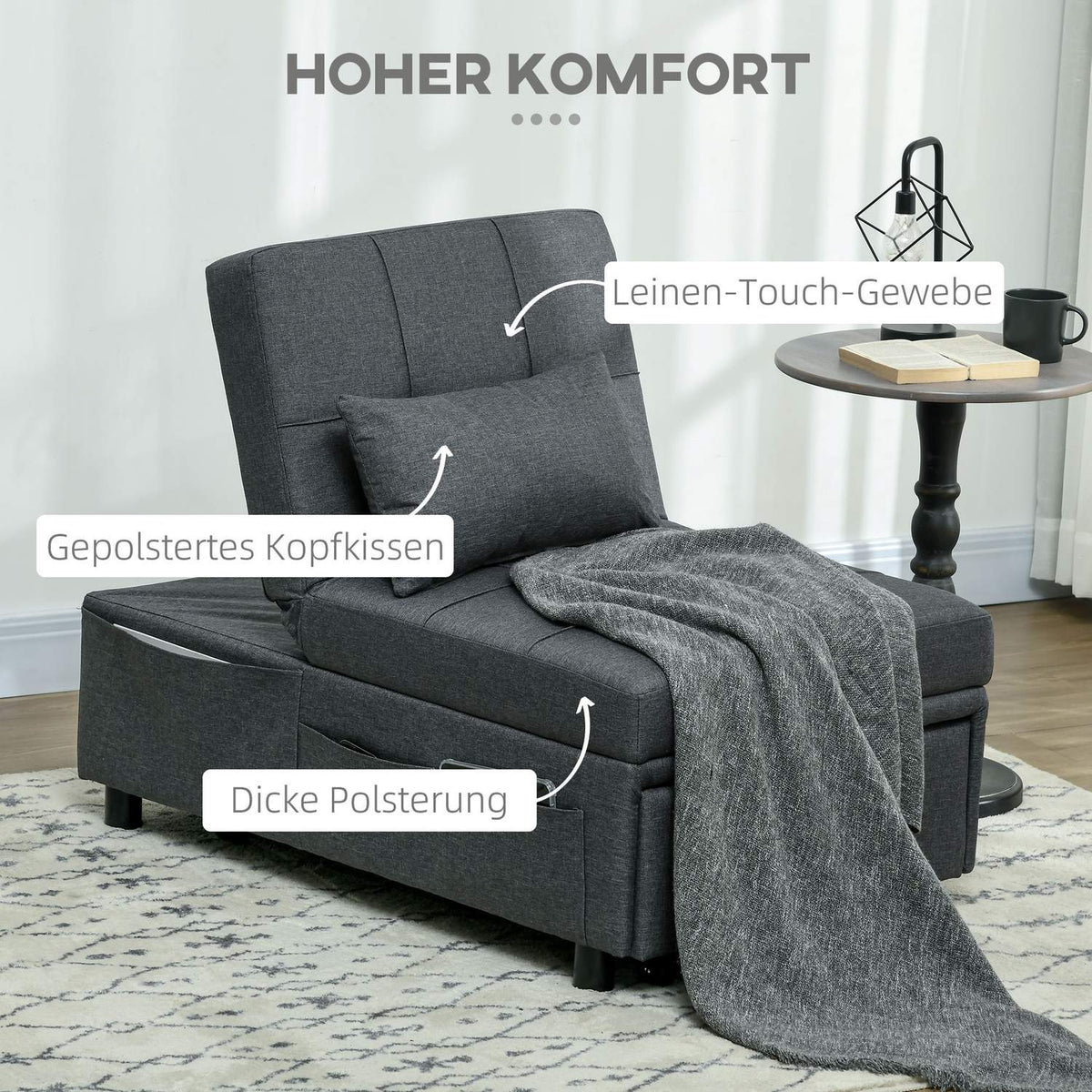 Sleeping chair 3 in 1 folding chair with side pocket, guest bed with pillows, adjustable backrest, bed chair with wheels, gray