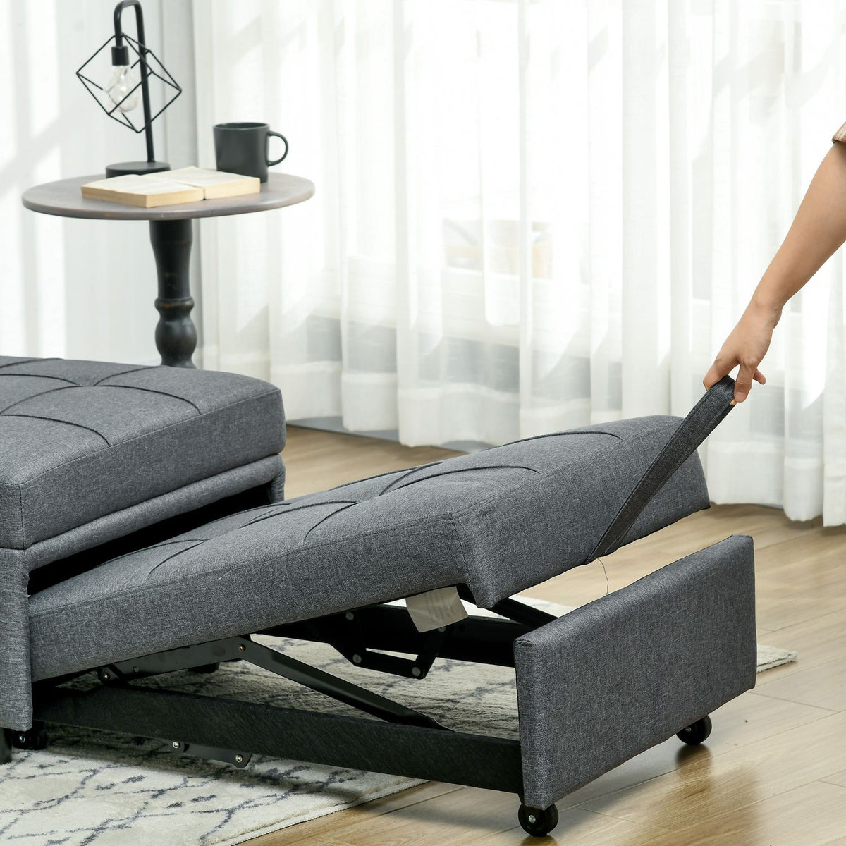 Sleeping chair 3 in 1 folding chair with side pocket, guest bed with pillows, adjustable backrest, bed chair with wheels, gray