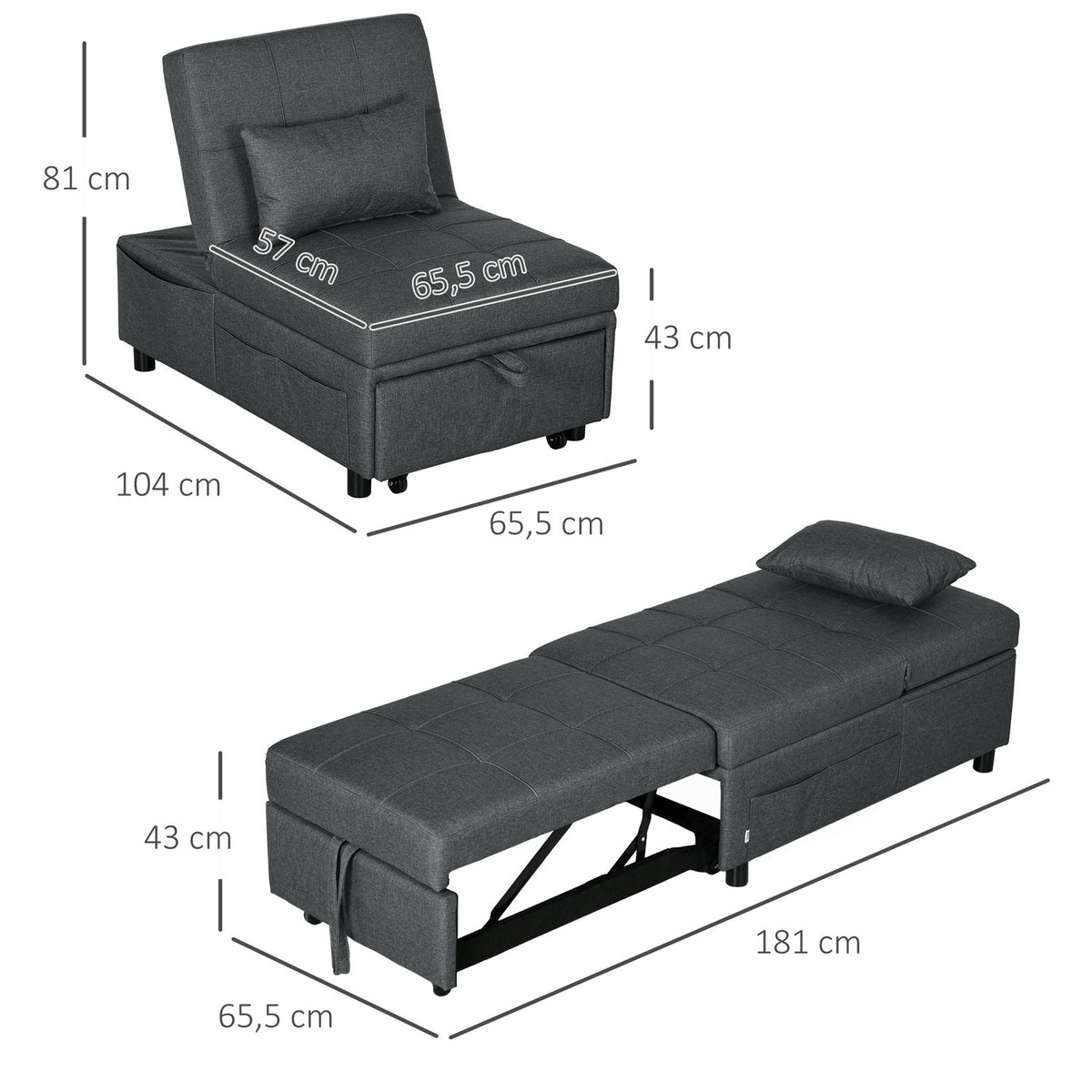 Sleeping chair 3 in 1 folding chair with side pocket, guest bed with pillows, adjustable backrest, bed chair with wheels, gray