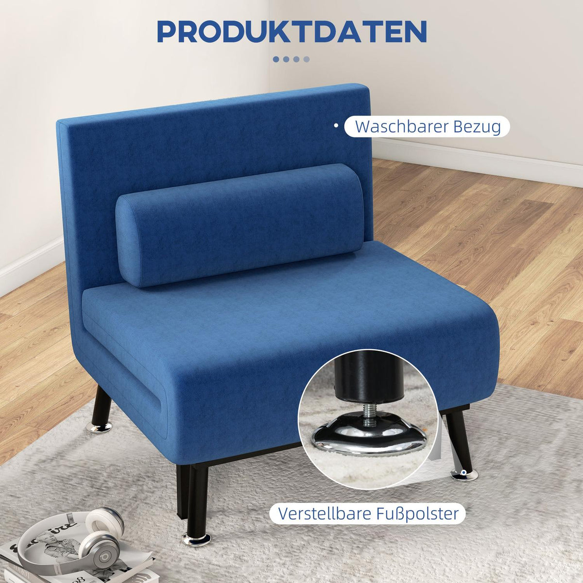 Sleeping chair, folding bed with bed function, back cushion, folding relaxation chair with linen look, adjustable backrest, 75 x 70 x 75 cm, dark blue