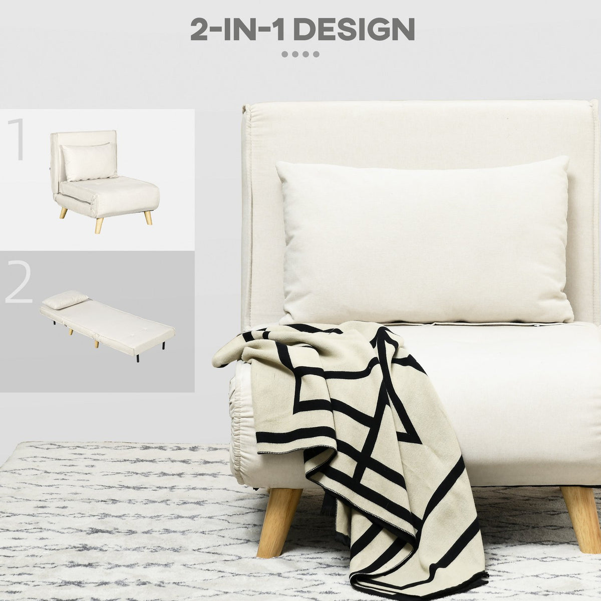 Sleeping chair, folding bed with bed function, lumbar cushion, folding relaxation chair with linen look, adjustable backrest, load capacity up to 150 kg, for living room cream white