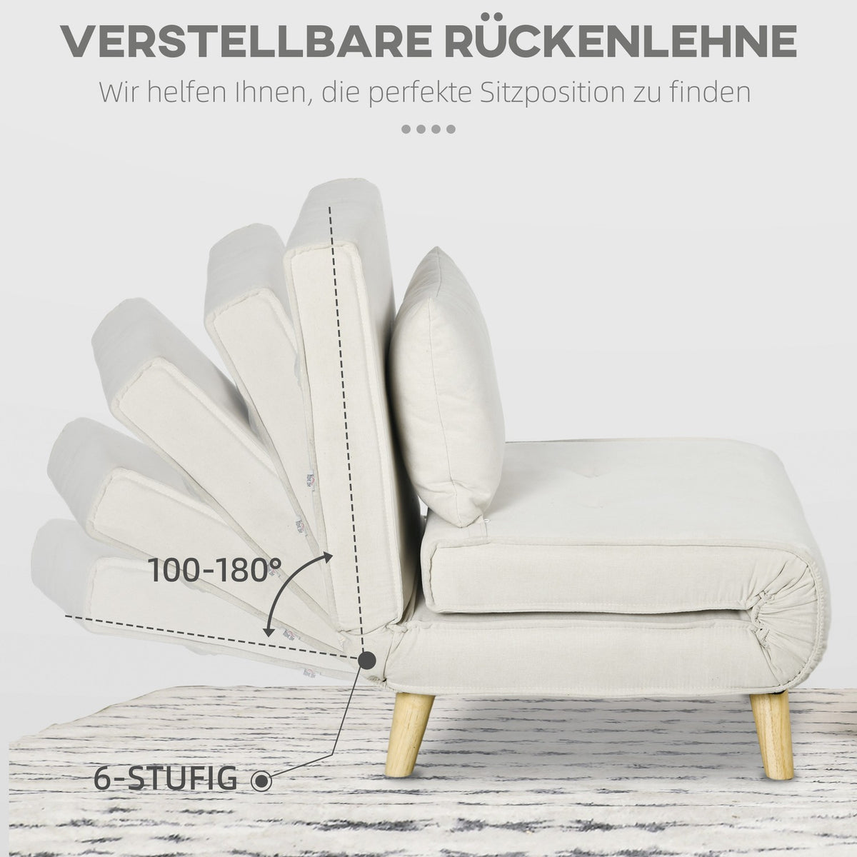 Sleeping chair, folding bed with bed function, lumbar cushion, folding relaxation chair with linen look, adjustable backrest, load capacity up to 150 kg, for living room cream white