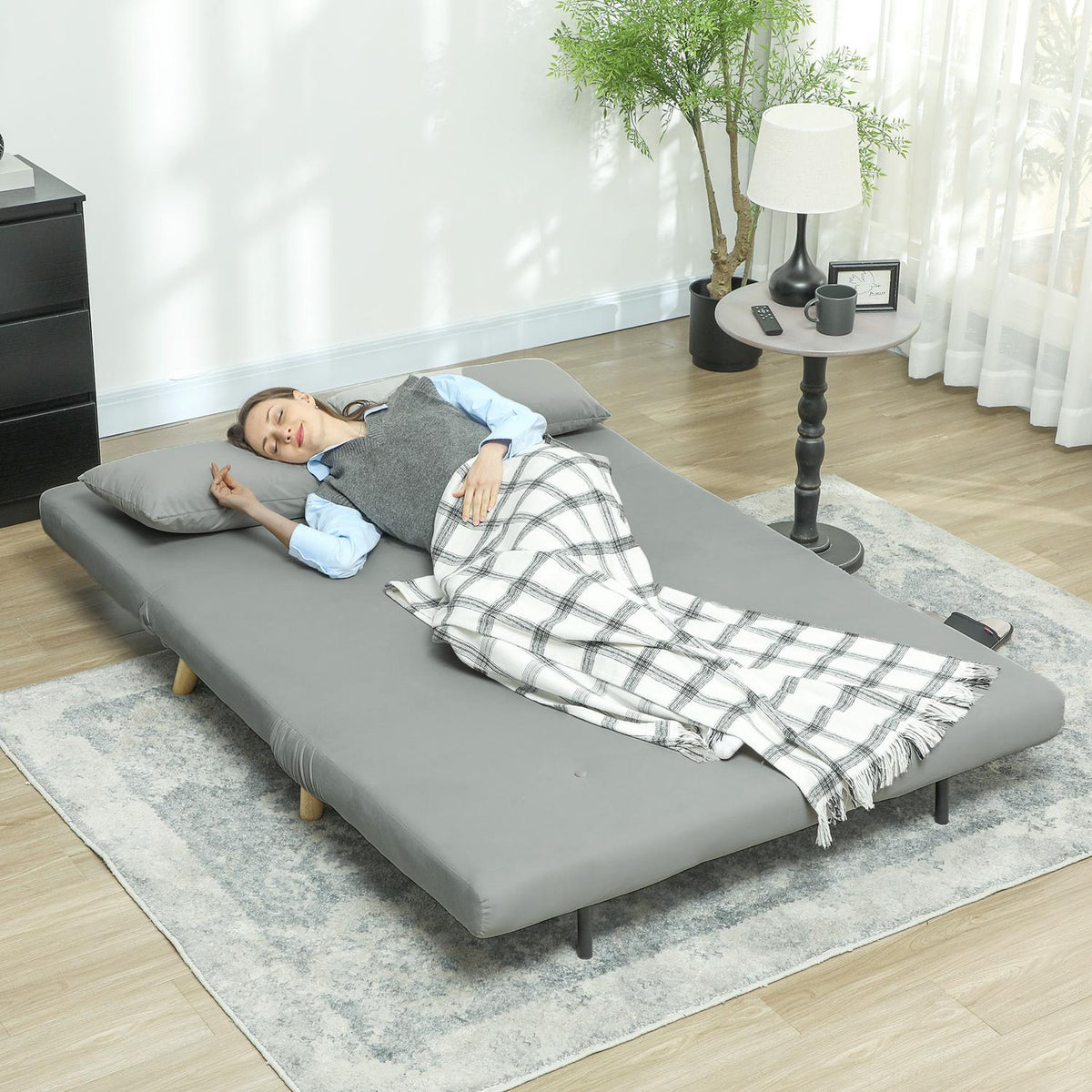 Sleeping chair, folding bed with bed function, lumbar cushion, folding relaxation chair with velvet look, adjustable backrest, load capacity up to 250 kg, for living room gray
