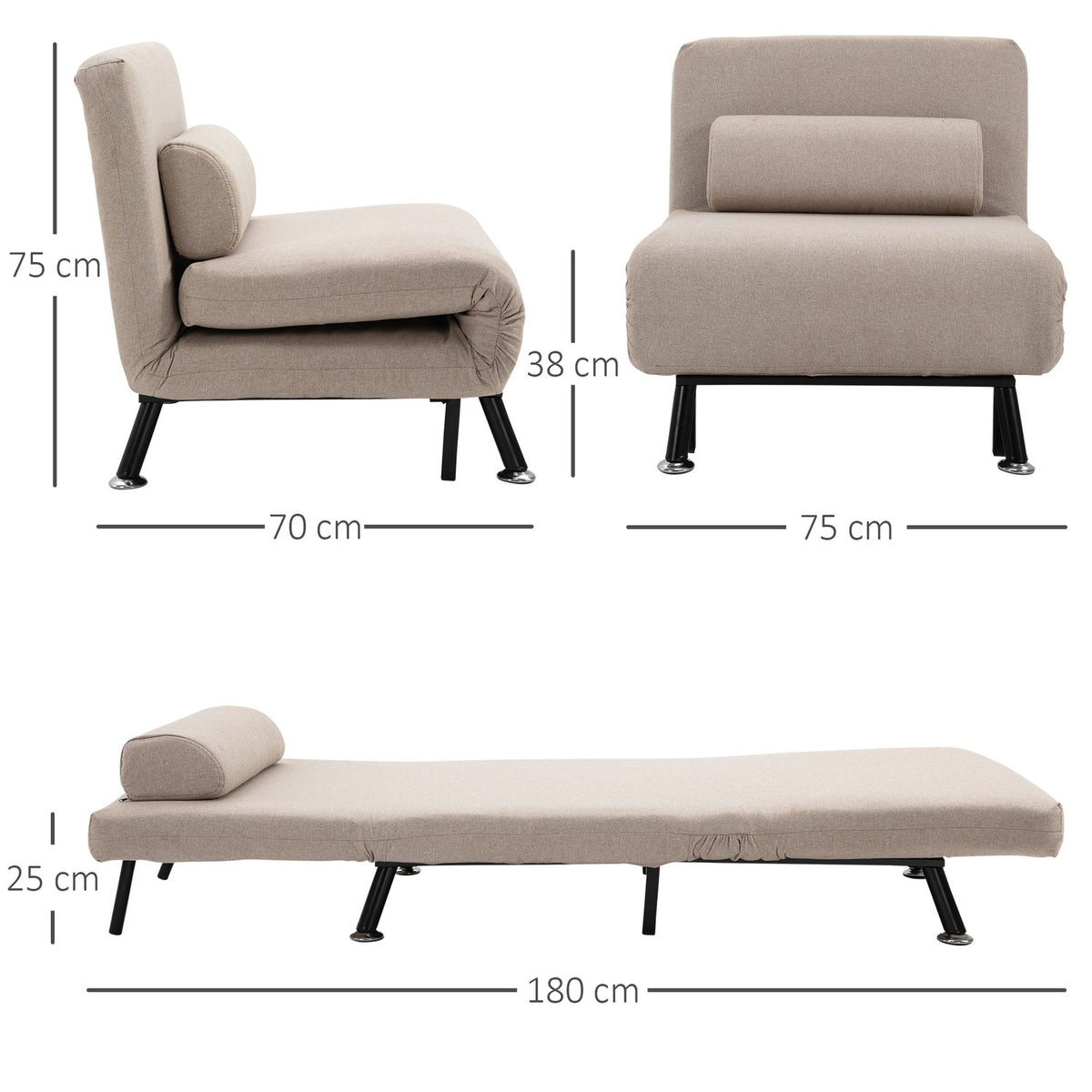 Sleeping chair, folding chair with bed function, back cushion, folding relaxation chair in linen look, adjustable backrest, load capacity up to 150 kg, for living room, beige