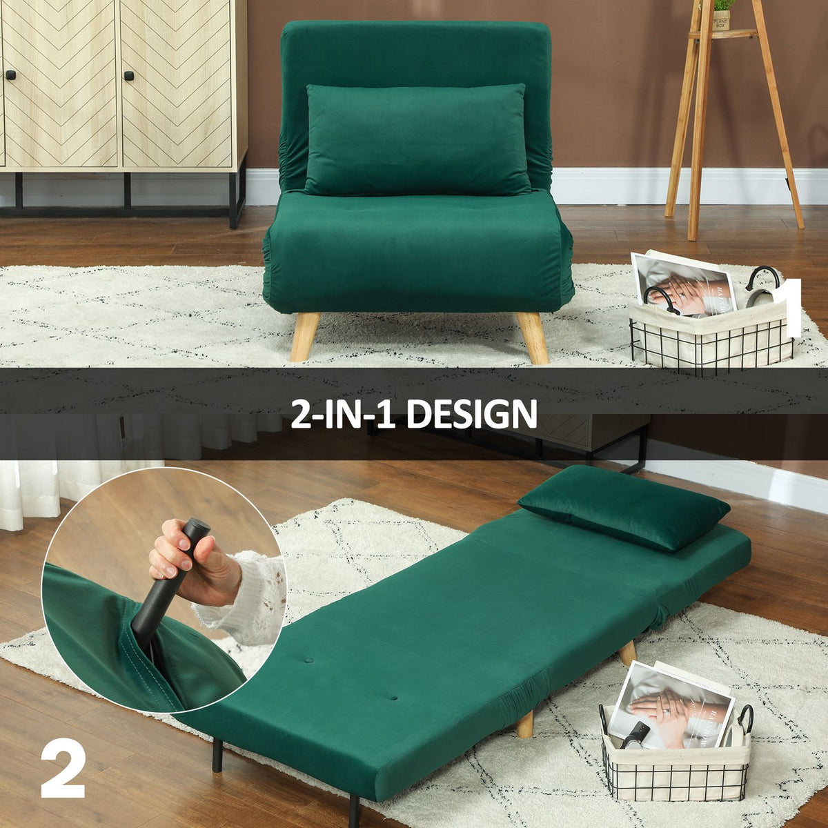 Sleeping chair, folding chair with bed function, decorative cushions, folding relax chair with adjustable backrest in velvet look, for living room, dark green |