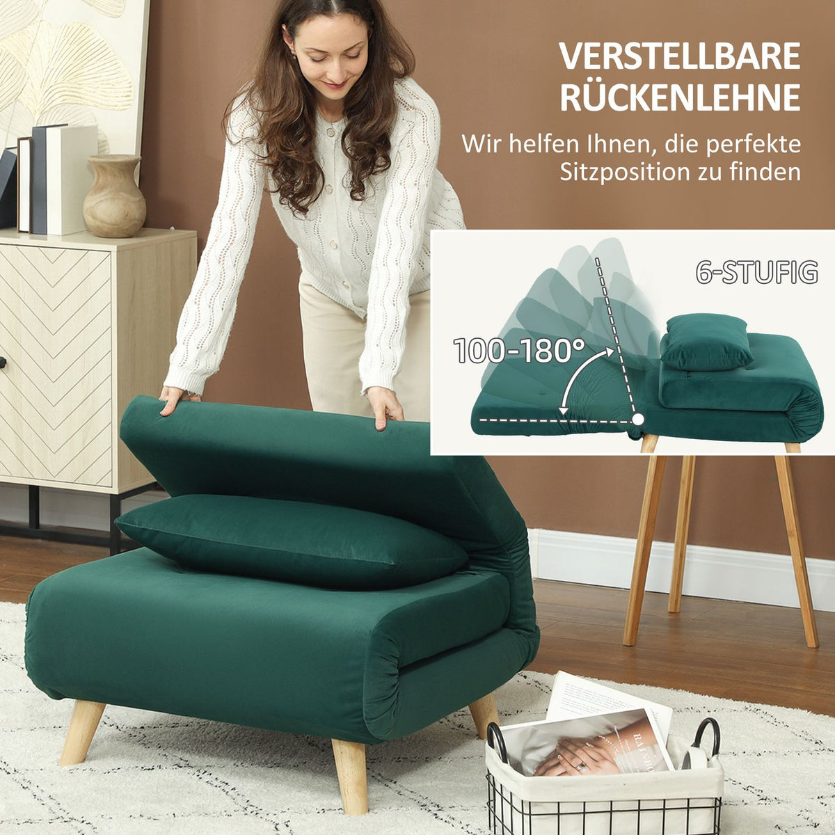 Sleeping chair, folding chair with bed function, decorative cushions, folding relax chair with adjustable backrest in velvet look, for living room, dark green |