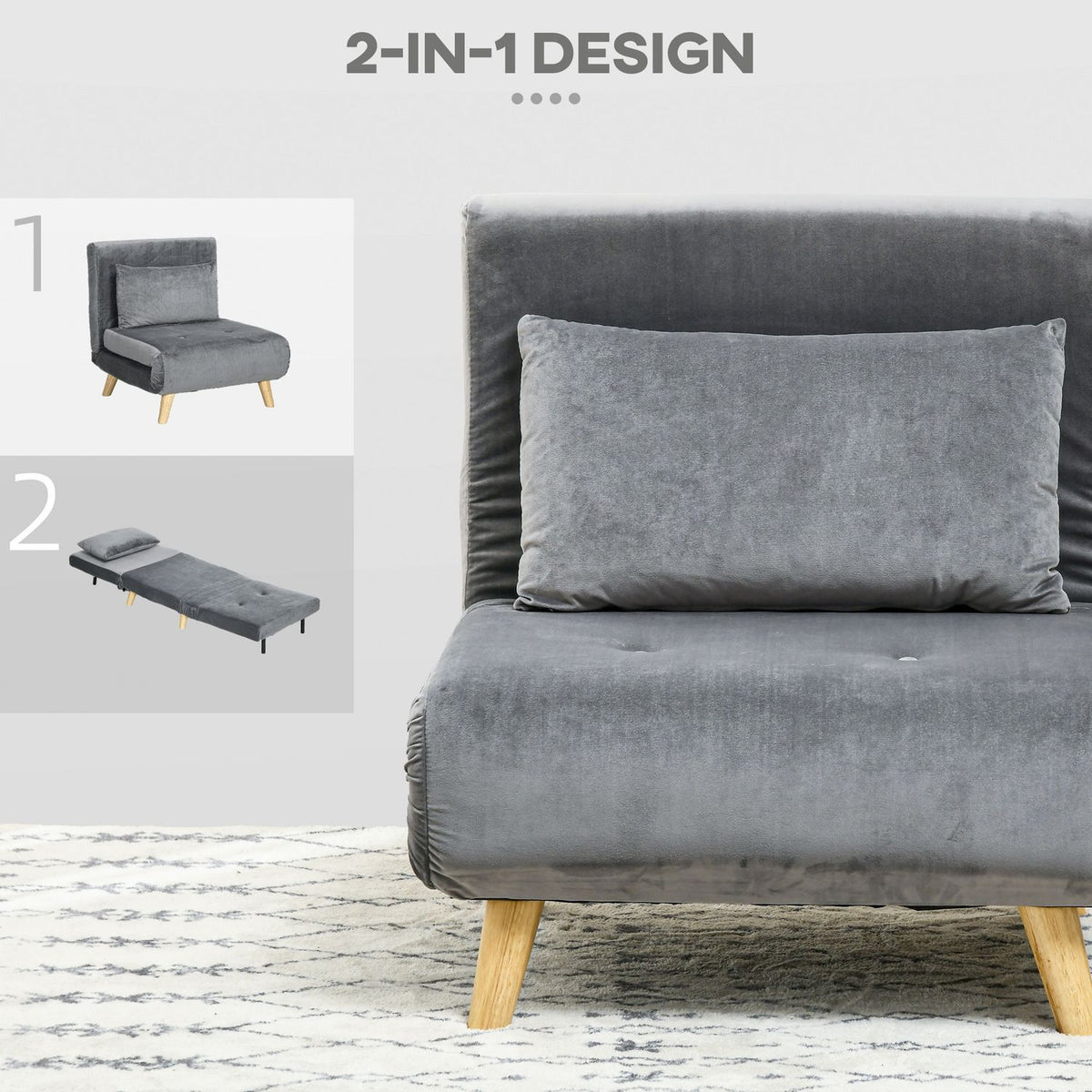 Sleeping chair folding chair with bed function & pillows, guest bed with adjustable backrest, velvet look, up to 125 kg, gray